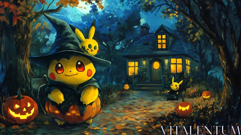 Pikachu in Halloween costumes outside lit forest cottage.