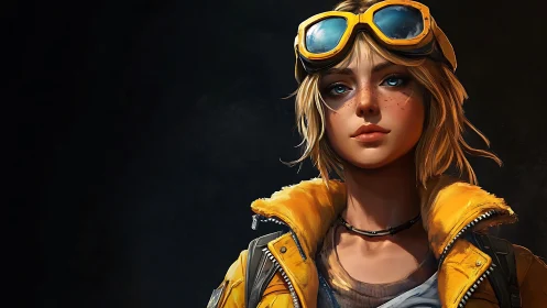 Blonde woman in yellow goggles stares ahead confidently