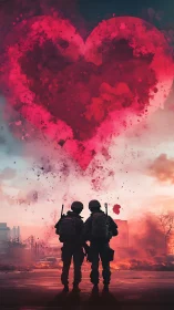 Silhouetted Soldiers Stand Beneath Crimson Heart Splatter Formation