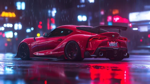 Red sports coupe in wet neon lit city street at night scene.