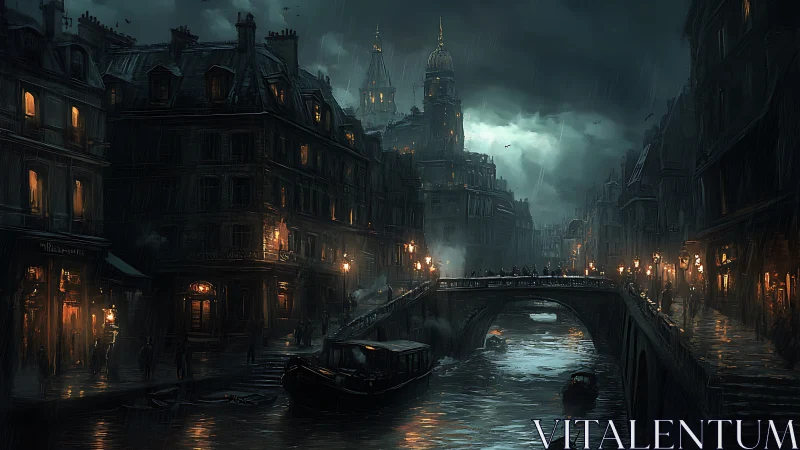 Gothic canal city glows under storm-soaked midnight skies.