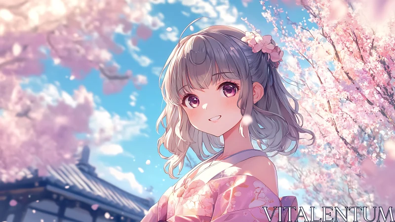 Girl in pink kimono under cherry blossoms in springtime.