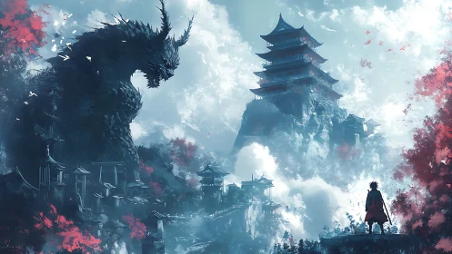 Figure observes mountain fortress and large dragon form