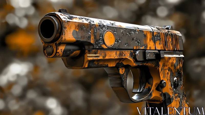 Battle-scarred orange pistol gleams in blurred bokeh haze.