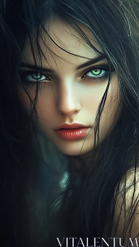 Close portrait of green-eyed woman with wet dark hair