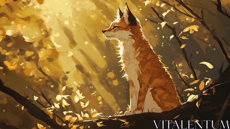 Golden forest fox pauses under radiant autumn light.
