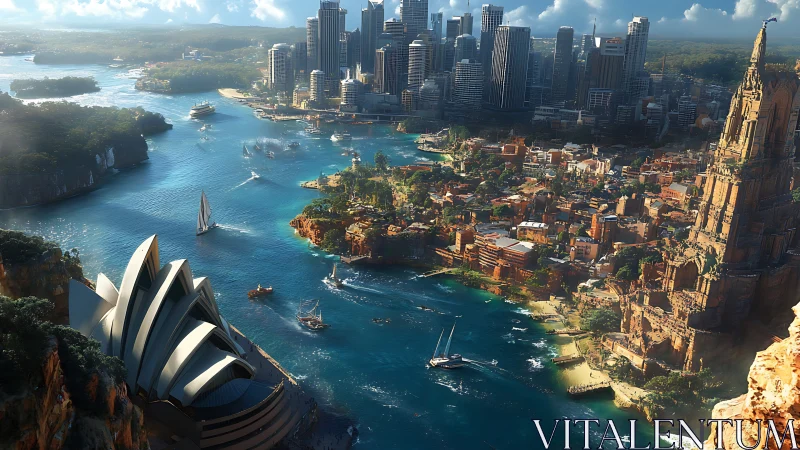 Futuristic Sydney harbor skyline with monumental stone spire.