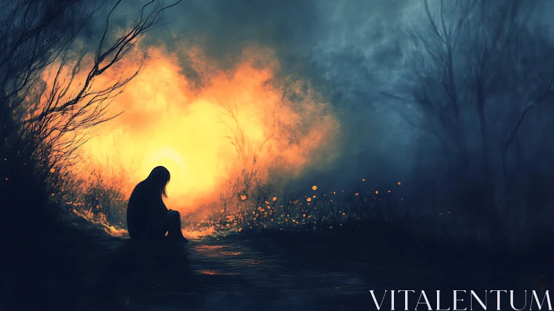 Solitary silhouette before blazing dusk portal glow.