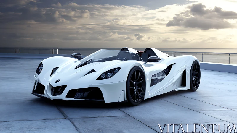 White twin-cockpit hypercar on coastal rooftop terrace.