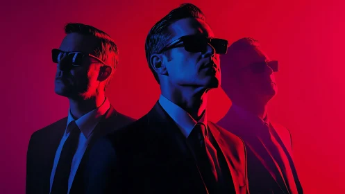 Triadic suited figures in neon magenta cyan split lighting