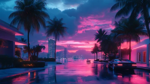 Neon sunset illuminates palm-lined waterfront street scene