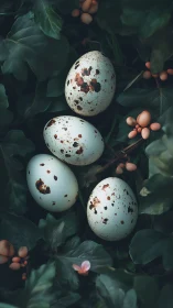 Speckled bird eggs arranged on dark green foliage surface.