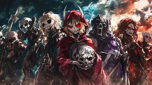 Hooded skeletal figures with red eyes in fractured landscape.