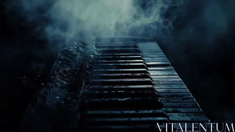 Old piano keyboard sits in low light with rising smoke