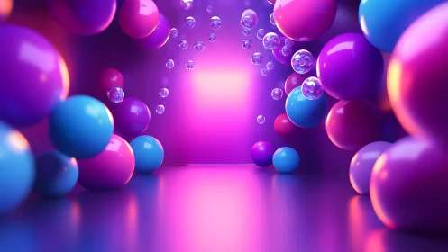 Chromatic sphere corridor with volumetric neon bounce lighting.