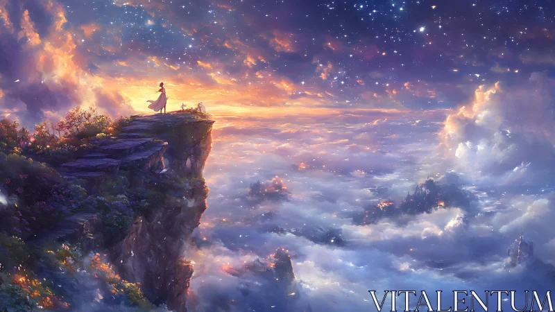 Solitary figure surveys luminous cloudscape under star-filled sky