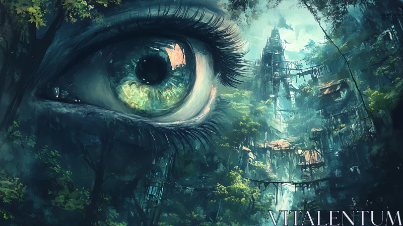 Colossal organic eye surveils decayed vertical jungle megastructure