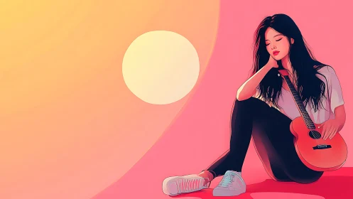 Soft sunset chords cradle a dreaming girl in coral light