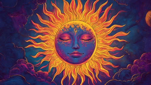 Cosmic sun goddess face glows within swirling neon clouds.