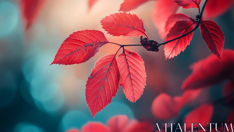 Scarlet autumn leaves glow against a dreamy teal bokeh