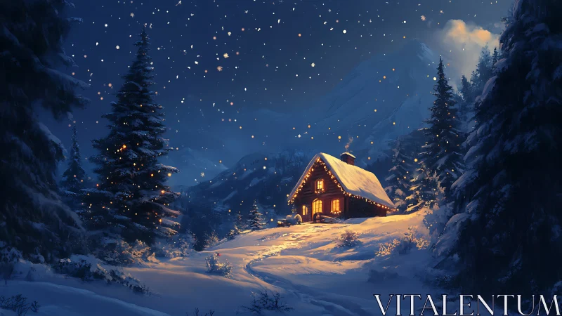 Snowy mountain cabin glows warmly under a starlit sky