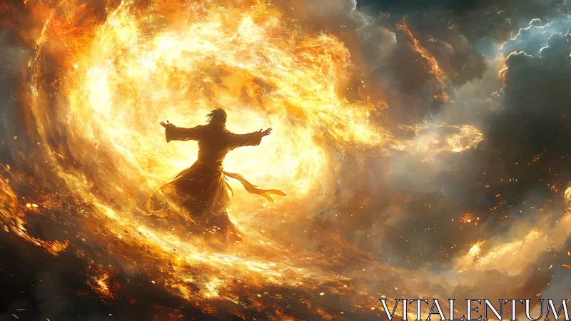 Digital painting of robed figure commanding apocalyptic firestorm.
