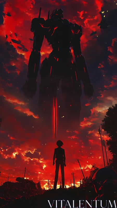 Colossal combat mecha silhouetted in crimson apocalyptic sky.