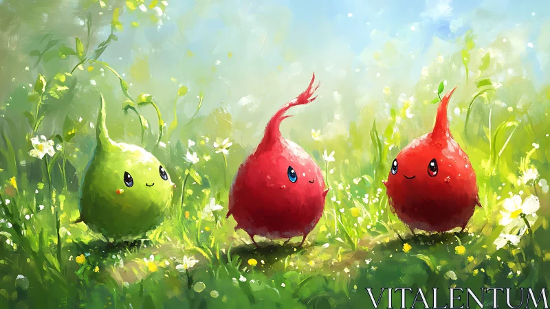 Small round plant-like creatures in a bright meadow scene.