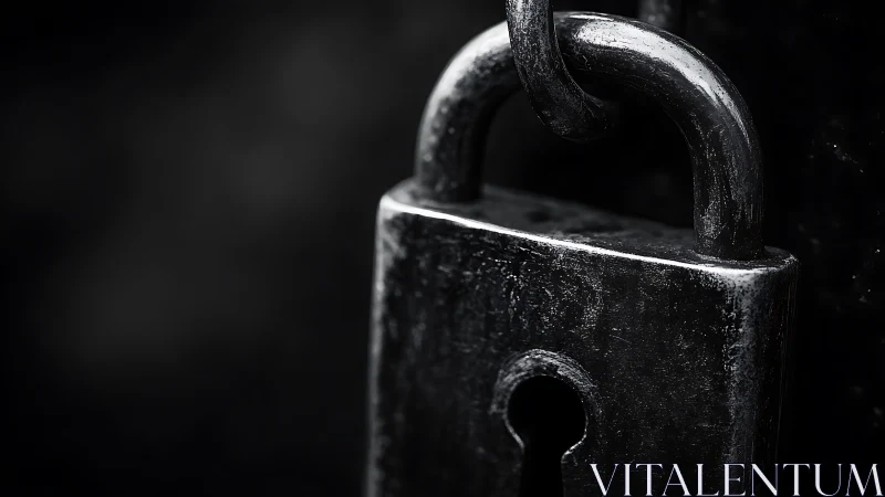 Steel padlock macro captures worn metal security symbol.