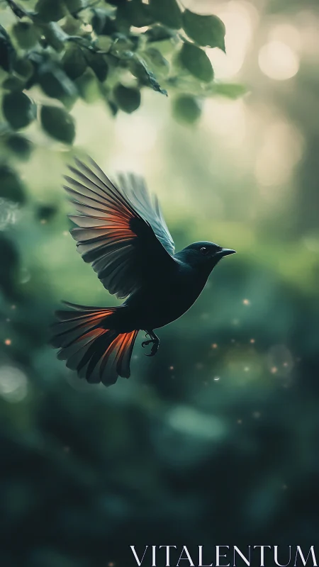 Dark songbird with ember wings in soft forest light.