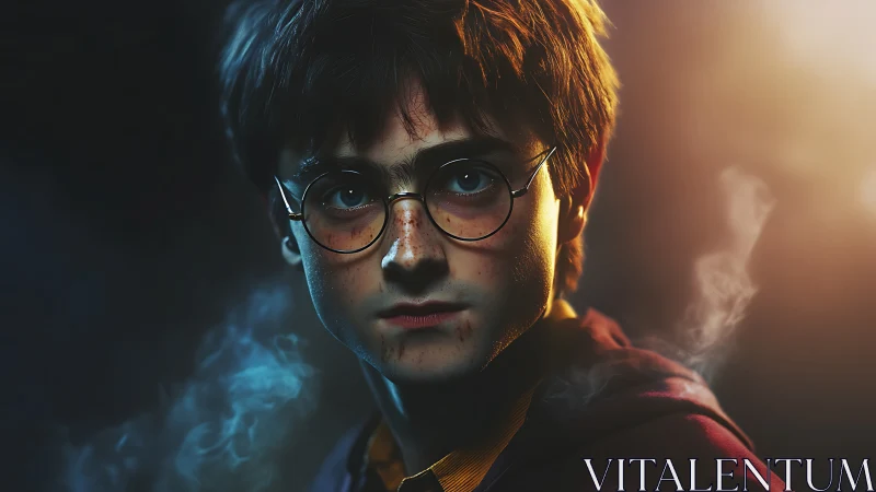 Young bespectacled character portrait in moody lighting.