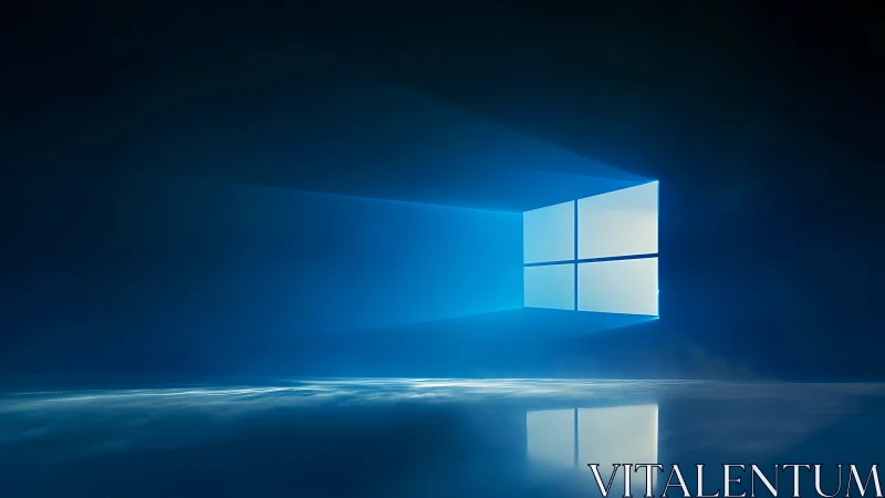 Minimalist luminous window icon in deep blue gradient space.