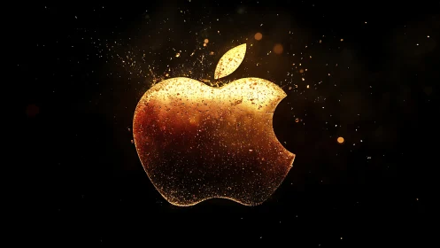 Golden apple-shaped logo is rendered with particle effects