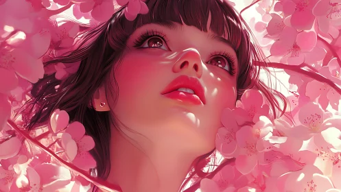 Cherry blossom-lit girl gazes upward in radiant wonder.
