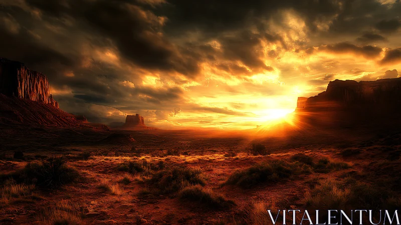 Sunfire horizon over sculpted desert mesas at dusk.