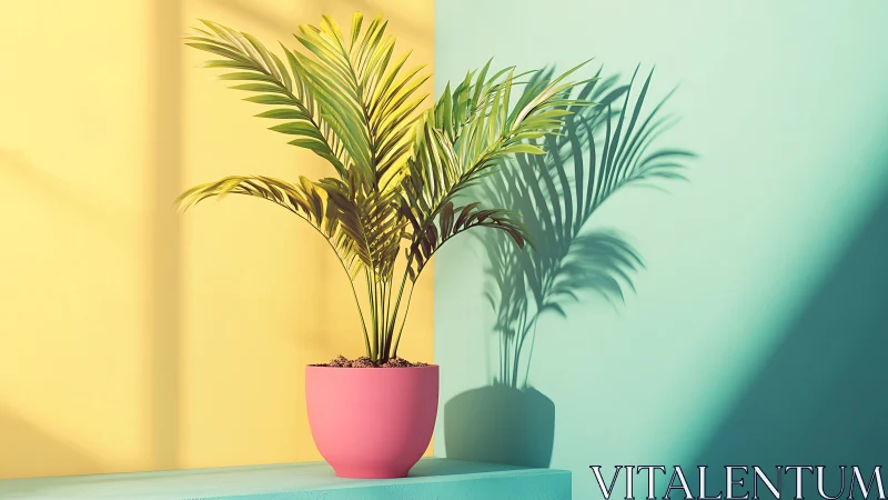 Palm houseplant in pink pot against pastel wall shadows.