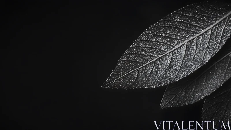 Monochrome macro leaf surface reveals dense dew droplet topology