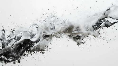 Monochrome liquid splash arcs diagonally across pale background