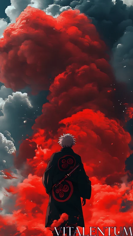 Backlit swordsman framed by volumetric red storm clouds