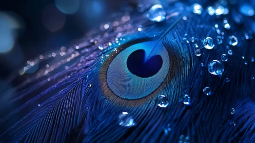 Macro view isolates peacock feather eye with water droplets