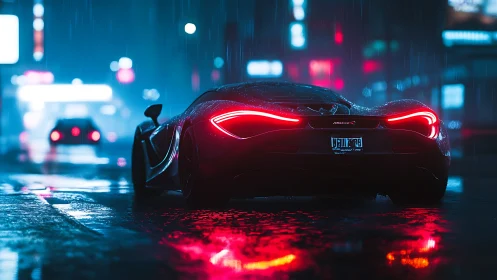 Sports car rear view shows LED lights in rainy neon street