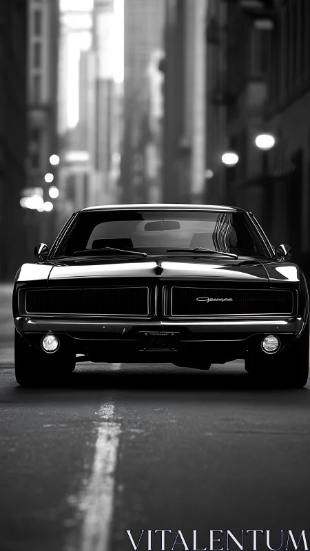 Bold classic muscle car waits confidently in a quiet city street