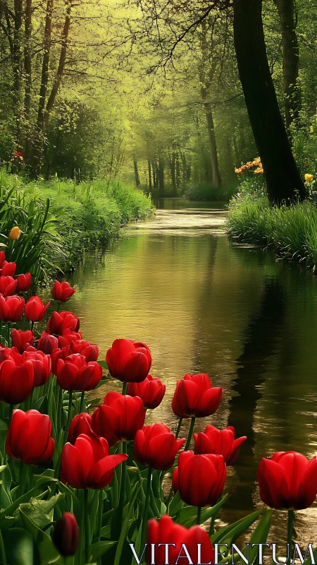 Scarlet tulip chorus along a sunlit woodland riverbank.