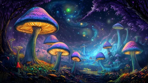 Glowing forest mushrooms invite a dreamy walk under starlight