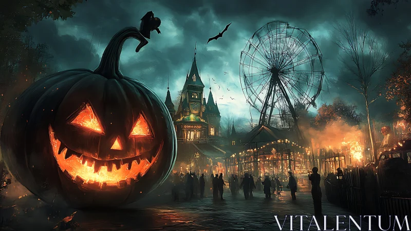 Gigantic jack-o-lantern dominates haunted carnival skyline at dusk
