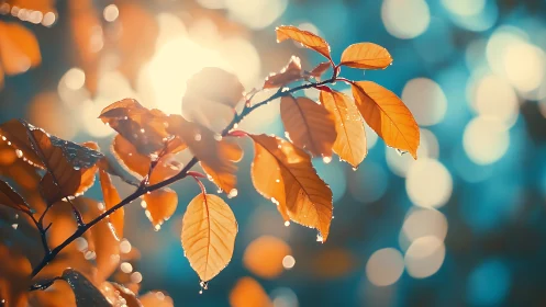 Golden autumn leaves backlit by sun with soft bokeh glow.