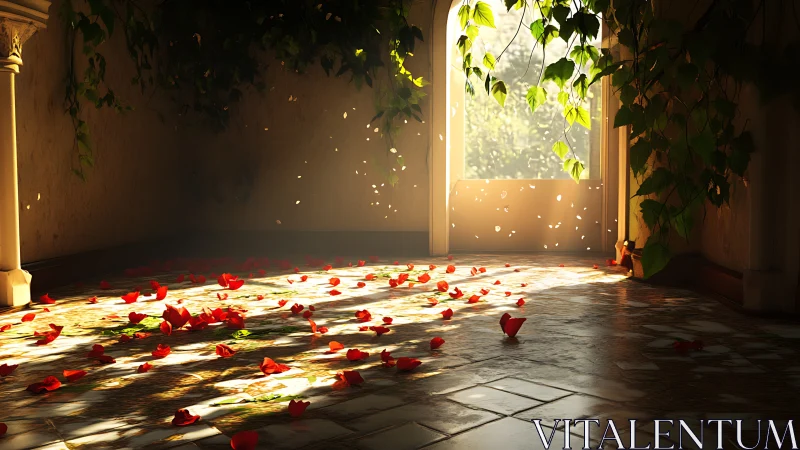 Sunlit tiled corridor shows fallen red petals and hanging ivy