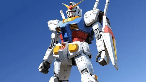 Giant heroic mecha standing proud under a clear blue sky.