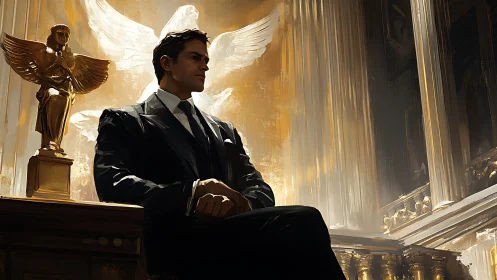 Powerful suited man before golden angel statue in court.