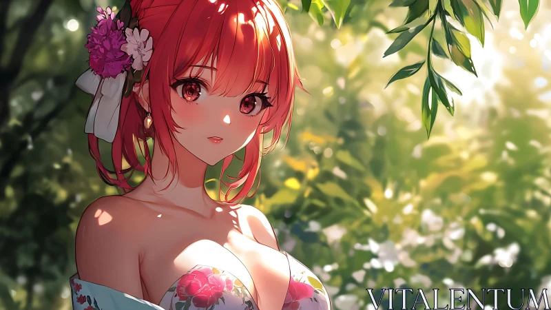 Anime portrait under dappled foliage with luminous bokeh background.